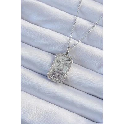 BUĞZ 316L Çelik Zincir Gümüş Renk Lila Zirkon Taşlı Tarot Kolye