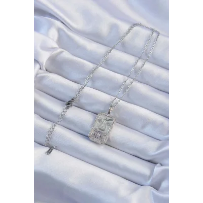 BUĞZ 316L Çelik Zincir Gümüş Renk Lila Zirkon Taşlı Tarot Kolye - Lisinya