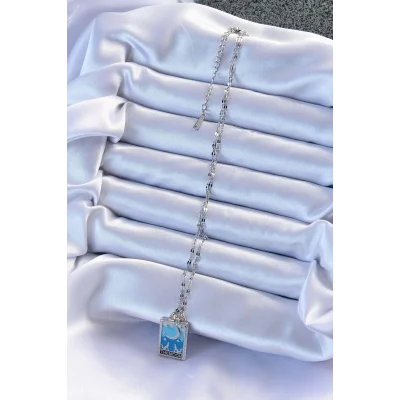 BUĞZ 316L Çelik Zincir Gümüş Renk Mavi Mineli Ay Figür Tarot Kolye - Lisinya