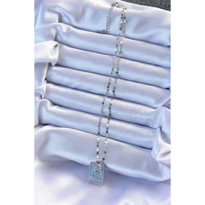 BUĞZ 316L Çelik Zincir Gümüş Renk Mavi Mineli Tarot Kolye - Lisinya