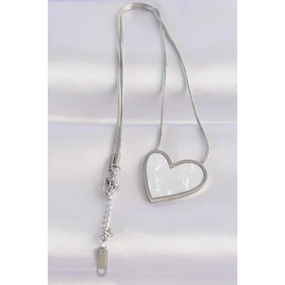 BUĞZ 316L Çelik Zincir Gümüş Renk Mermer Desenli Kalp Kolye - Lisinya