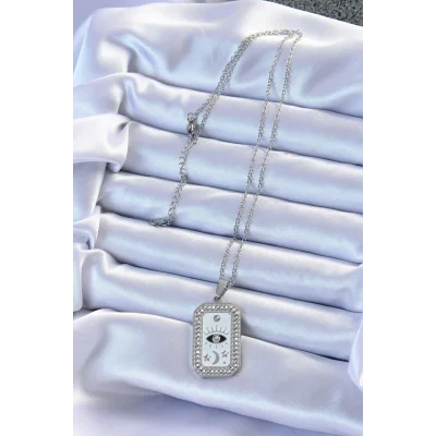 BUĞZ 316L Çelik Zincir Gümüş Renk Mineli Zirkon Taşlı Göz Figür Tarot Kolye - Lisinya