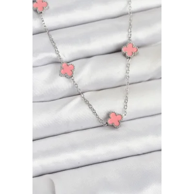 BUĞZ 316L Çelik Zincir Gümüş Renk Pembe Baby Boy Yonca Kadın Kolye