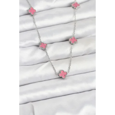 BUĞZ 316L Çelik Zincir Gümüş Renk Pembe Baby Boy Yonca Kadın Kolye
