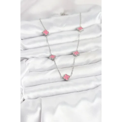BUĞZ 316L Çelik Zincir Gümüş Renk Pembe Baby Boy Yonca Kadın Kolye - Lisinya