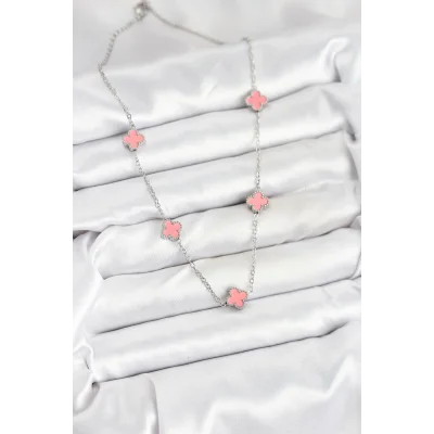 BUĞZ 316L Çelik Zincir Gümüş Renk Pembe Baby Boy Yonca Kadın Kolye - Lisinya