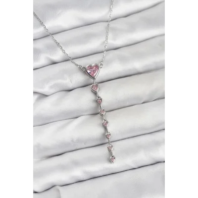 BUĞZ 316L Çelik Zincir Gümüş Renk Pembe Kalp Kadın Kolye