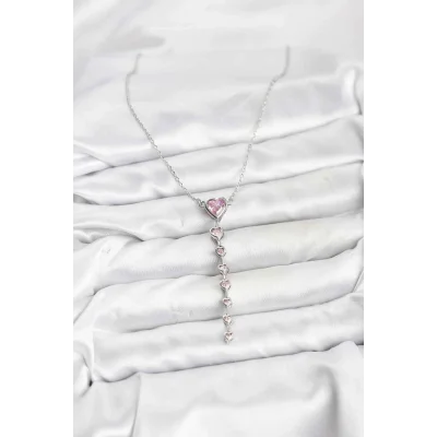 BUĞZ 316L Çelik Zincir Gümüş Renk Pembe Kalp Kadın Kolye - Lisinya