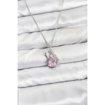 BUĞZ 316L Çelik Zincir Gümüş Renk Pembe Kuğu Model Zirkon Taşlı Kadın Kolye