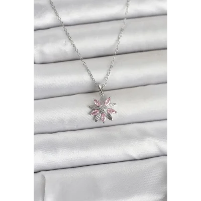 BUĞZ 316L Çelik Zincir Gümüş Renk Pembe Papatya Model Kadın Kolye