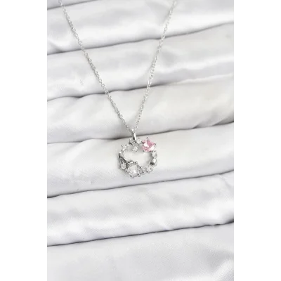 BUĞZ 316L Çelik Zincir Gümüş Renk Pembe Taş Detaylı Çelenk Model Kadın Kolye