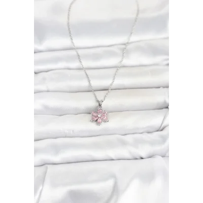 BUĞZ 316L Çelik Zincir Gümüş Renk Pembe Zirkon Taşlı Lotus Model Kadın Kolye - BUĞZ