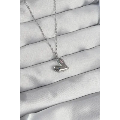 BUĞZ 316L Çelik Zincir Gümüş Renk Renkli Zirkon Taşlı Kalp Kolye