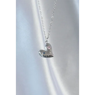 BUĞZ 316L Çelik Zincir Gümüş Renk Renkli Zirkon Taşlı Kalp Kolye - Lisinya