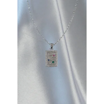 BUĞZ 316L Çelik Zincir Gümüş Renk Renkli Zirkon Taşlı Vintage Kolye - Lisinya