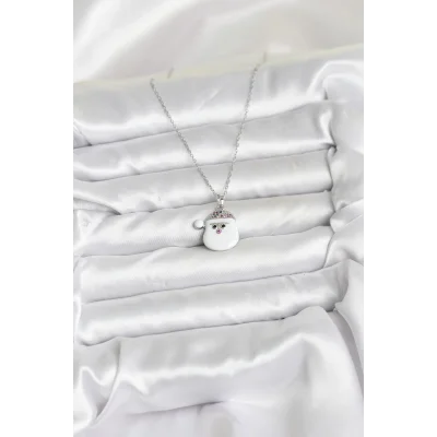 BUĞZ 316L Çelik Zincir Gümüş Renk Şapkalı Kardan Adam Kafası Model Yılbaşı Temalı Kadın Kolye - Lisinya