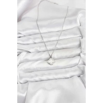 BUĞZ 316L Çelik Zincir Gümüş Renk Sedefli Yonca Kadın Kolye - Lisinya
