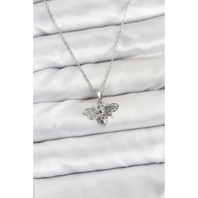 BUĞZ 316L Çelik Zincir Gümüş Renk Sinek Model Zirkon Taşlı Kadın Kolye