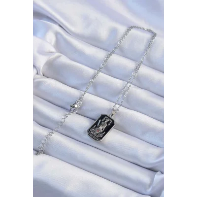 BUĞZ 316L Çelik Zincir Gümüş Renk Siyah Mineli Tarot Kolye - Lisinya
