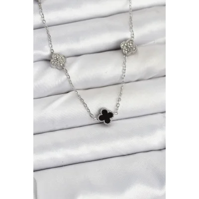 BUĞZ 316L Çelik Zincir Gümüş Renk Siyah ve Zirkon Taşlı Baby Boy Yonca Kadın Kolye