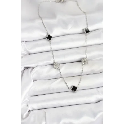 BUĞZ 316L Çelik Zincir Gümüş Renk Siyah ve Zirkon Taşlı Baby Boy Yonca Kadın Kolye - Lisinya