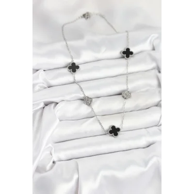 BUĞZ 316L Çelik Zincir Gümüş Renk Siyah ve Zirkon Taşlı Yonca Kadın Kolye - Lisinya