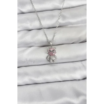 BUĞZ 316L Çelik Zincir Gümüş Renk Teddy Bear Model Zirkon Taşlı Kadın Kolye