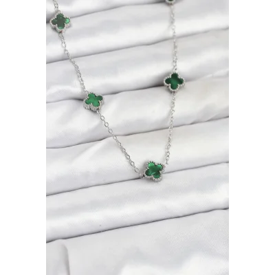 BUĞZ 316L Çelik Zincir Gümüş Renk Yeşil Baby Boy Yonca Kadın Kolye