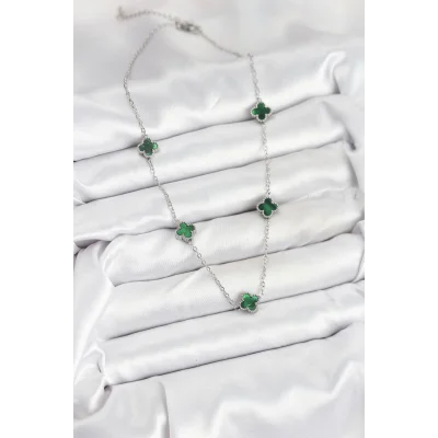 BUĞZ 316L Çelik Zincir Gümüş Renk Yeşil Baby Boy Yonca Kadın Kolye - Lisinya