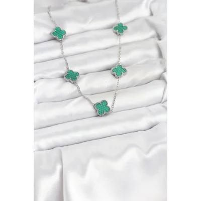 BUĞZ 316L Çelik Zincir Gümüş Renk Yeşil Yonca Kadın Kolye - Lisinya