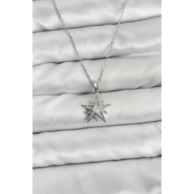 BUĞZ 316L Çelik Zincir Gümüş Renk Yıldız Model Zirkon Taşlı Kadın Kolye