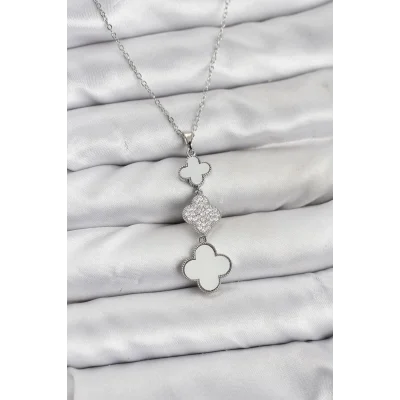 BUĞZ 316L Çelik Zincir Gümüş Renk Yonca Detaylı Zirkon Taşlı Kadın Kolye