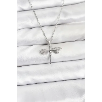 BUĞZ 316L Çelik Zincir Gümüş Renk Yusufçuk Model Zirkon Taşlı Kadın Kolye