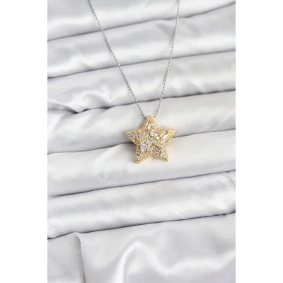 BUĞZ 316L Çelik Zincir Gümüş Renk Zincirli Gold Yıldız Model Kadın Kolye