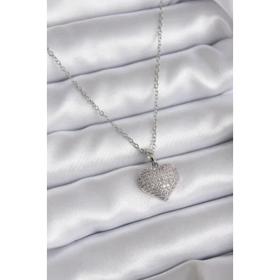 BUĞZ 316L Çelik Zincir Gümüş Renk Zirkon Taş Detay Kalp Model Kadın Kolye