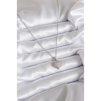 BUĞZ 316L Çelik Zincir Gümüş Renk Zirkon Taş Detay Kalp Model Kadın Kolye - Lisinya