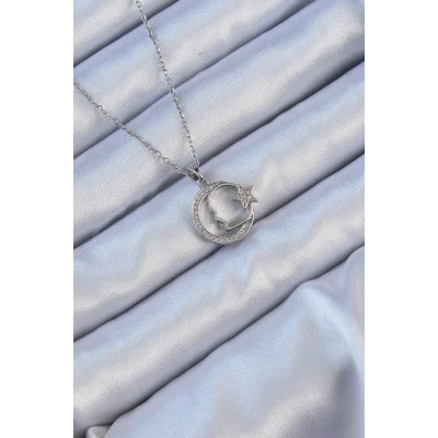 BUĞZ 316L Çelik Zincir Gümüş Renk Zirkon Taşlı Ay Yıldız Simgeli Atatürk Kolye