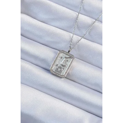 BUĞZ 316L Çelik Zincir Gümüş Renk Zirkon Taşlı Çerçeveli Tarot Kolye