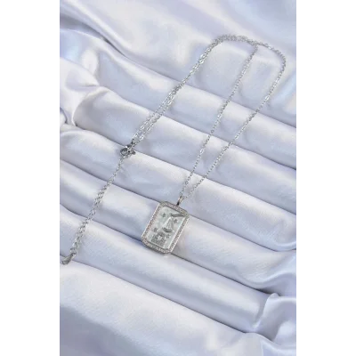 BUĞZ 316L Çelik Zincir Gümüş Renk Zirkon Taşlı Çerçeveli Tarot Kolye - Lisinya