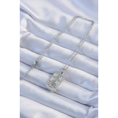 BUĞZ 316L Çelik Zincir Gümüş Renk Zirkon Taşlı Çerçeveli Tarot Kolye - Lisinya