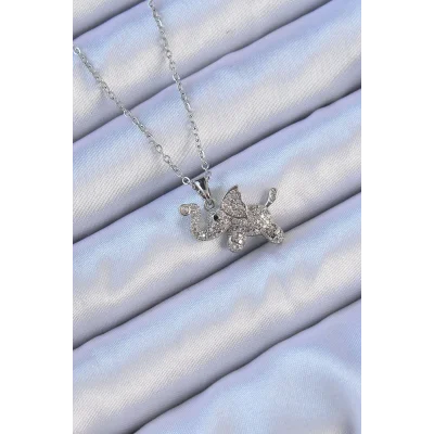 BUĞZ 316L Çelik Zincir Gümüş Renk Zirkon Taşlı Fil Kolye