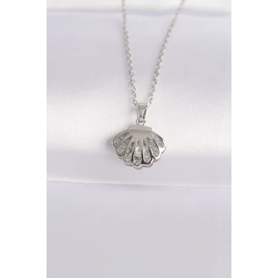 BUĞZ 316L Çelik Zincir Gümüş Renk Zirkon Taşlı İnci Detay İstiridye Kolye