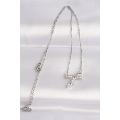 BUĞZ 316L Çelik Zincir Gümüş Renk Zirkon Taşlı Kalp Detay Fiyonk Kolye - Lisinya