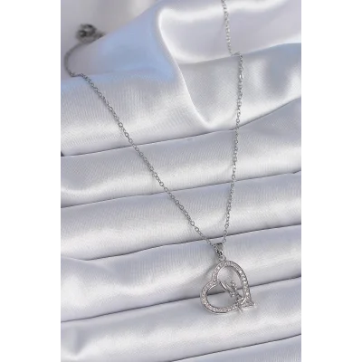 BUĞZ 316L Çelik Zincir Gümüş Renk Zirkon Taşlı Kalp Model Melek Detay Kadın Kolye - Lisinya