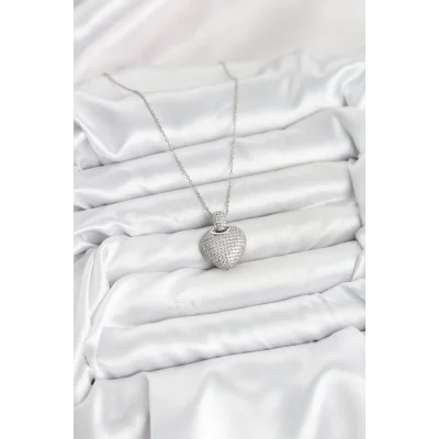 BUĞZ 316L Çelik Zincir Gümüş Renk Zirkon Taşlı Kalpli Kadın Kolye - Lisinya