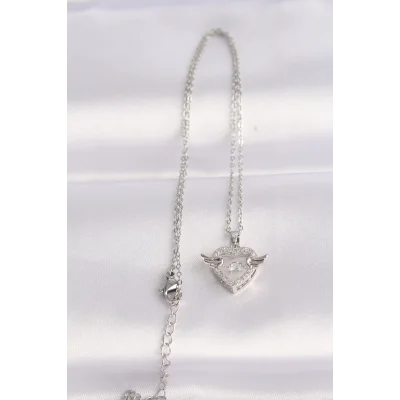 BUĞZ 316L Çelik Zincir Gümüş Renk Zirkon Taşlı Kanatlı Kalp Kolye - Lisinya