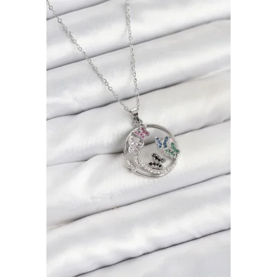 BUĞZ 316L Çelik Zincir Gümüş Renk Zirkon Taşlı Kelebekli Kadın Kolye