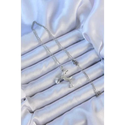 BUĞZ 316L Çelik Zincir Gümüş Renk Zirkon Taşlı Kelebekli Mineli Ay Kolye - Lisinya