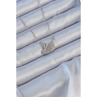 BUĞZ 316L Çelik Zincir Gümüş Renk Zirkon Taşlı Kuğu Kolye