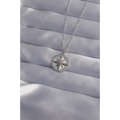 BUĞZ 316L Çelik Zincir Gümüş Renk Zirkon Taşlı Kutup Yıldızı Kolye